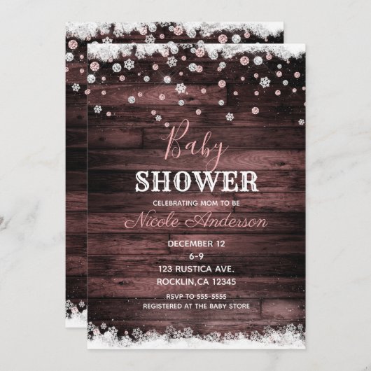 ウッドピンク素朴ローズ金ゴールド冬雪ベビーシャワー 招待状 (正面/裏面)