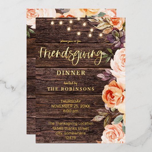 ウッドピンク&ピーチフローラライト付き 箔招待状 (正面/裏面)