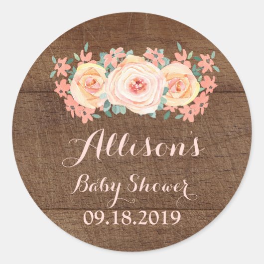 ウッドピーチウォーターカラーフローラベビーシャワーラベル ラウンドシール (正面)