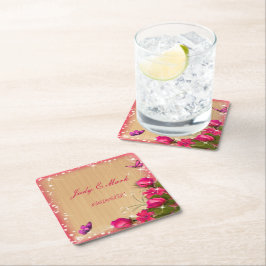 ウッドピ素朴ンクフローラバタフライ結婚ズ スクエアペーパーコースター