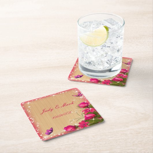 ウッドピ素朴ンクフローラバタフライ結婚ズ スクエアペーパーコースター (インサイチュ)