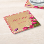 ウッドピ素朴ンクフローラバタフライ結婚ズ スクエアペーパーコースター (アングル)