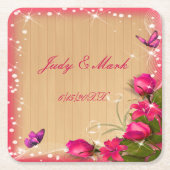 ウッドピ素朴ンクフローラバタフライ結婚ズ スクエアペーパーコースター (正面)