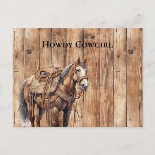 ウッドフェイクウエスタンカウボーイ女性のカーボーイホースハウディ ポストカード (正面)