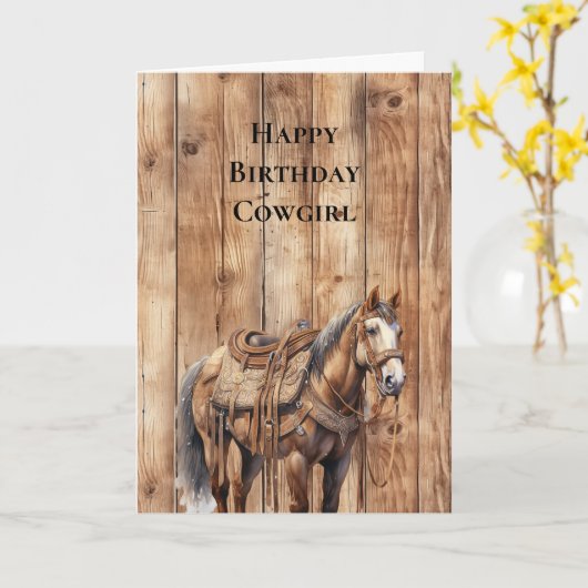 ウッドフェイクウエスタンカウボーイ女性のカーボーイホース誕生日 カード (黄色い花)