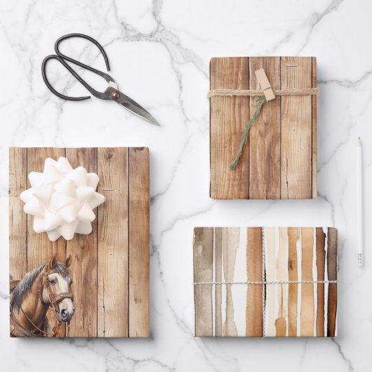 ウッドフェイクウエスタンカウボーイ女性のカーボーイホース誕生日 ラッピングペーパーシート (正面)