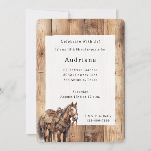 ウッドフェイクウエスタンカウボーイ女性のカーボーイホース誕生日 招待状 (正面)