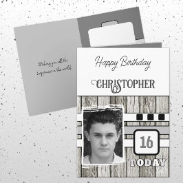 ウッドフェイクラスチック16th灰色の写真誕生日 カード