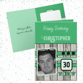 ウッドフェイクラスチック30thグリーン写真誕生日 カード