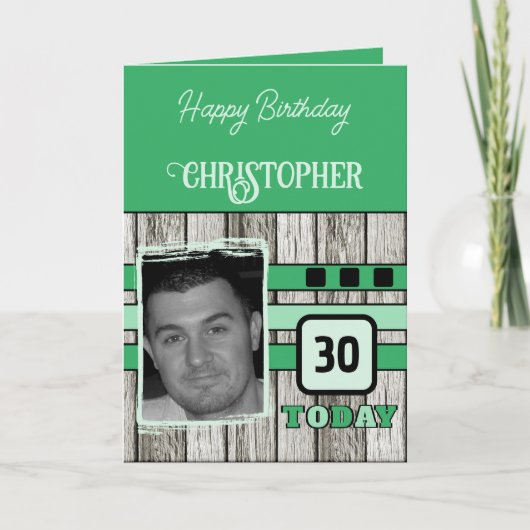 ウッドフェイクラスチック30thグリーン写真誕生日 カード (正面)