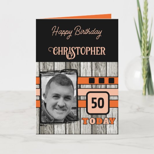ウッドフェイクラスチック50thオレンジ色の写真の誕生日 カード (正面)