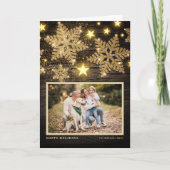 ウッドフェイク金ゴールドグリッタースノーフレーク写真クリスマス シーズンカード (正面)