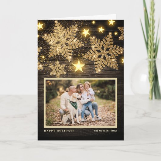 ウッドフェイク金ゴールドグリッタースノーフレーク写真クリスマス シーズンカード (正面)