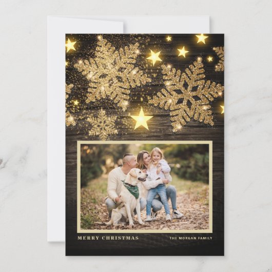ウッドフェイク金ゴールドグリッタースノーフレーク写真クリスマス シーズンカード (正面)