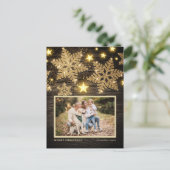 ウッドフェイク金ゴールドグリッタースノーフレーク写真クリスマス シーズンポストカード (スタンド正面)