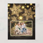 ウッドフェイク金ゴールドグリッタースノーフレーク写真クリスマス シーズンポストカード (正面)