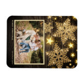 ウッドフェイク金ゴールドグリッタースノーフレーク写真クリスマス マグネット (横)