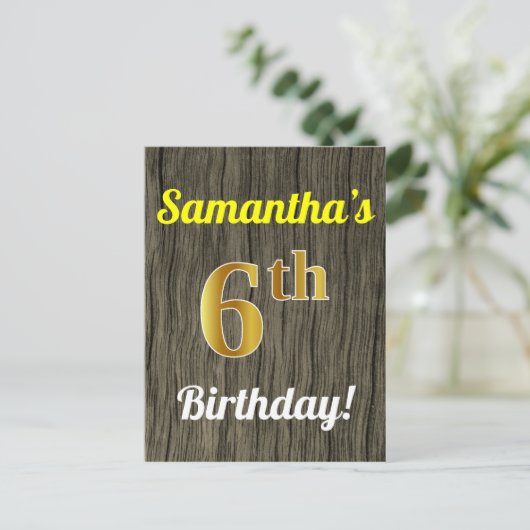 ウッドフェイク、フェイク金ゴールド第6誕生日と名前をカスタムする ポストカード (スタンド正面)