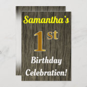 ウッドフェイク、フェイク金ゴールド1番目の誕生日お祝い 招待状 (正面/裏面)