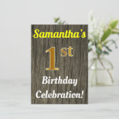 ウッドフェイク、フェイク金ゴールド1番目の誕生日お祝い 招待状 (スタンド正面)