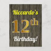 ウッドフェイク、フェイク金ゴールド12番目の誕生日と名前をカスタムする ポストカード (正面)
