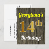 ウッドフェイク、フェイク金ゴールド14番目の誕生日と名前をカスタムする ポストカード (正面/裏面)