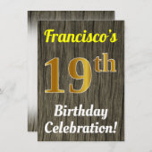 ウッドフェイク、フェイク金ゴールド19誕生祝い 招待状 (正面/裏面)