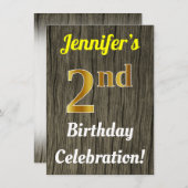 ウッドフェイク、フェイク金ゴールド2回目の誕生日お祝い 招待状 (正面/裏面)