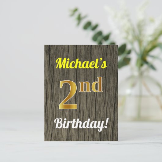 ウッドフェイク、フェイク金ゴールド2回目の誕生日と名前をカスタムする ポストカード (スタンド正面)