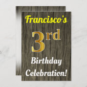 ウッドフェイク、フェイク金ゴールド3回目の誕生日お祝い 招待状 (正面/裏面)