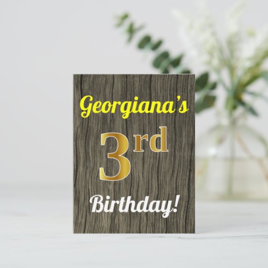 ウッドフェイク、フェイク金ゴールド3回目の誕生日と名前をカスタムする ポストカード (スタンド正面)