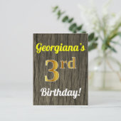 ウッドフェイク、フェイク金ゴールド3回目の誕生日と名前をカスタムする ポストカード (スタンド正面)