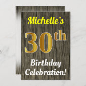 ウッドフェイク、フェイク金ゴールド30歳の誕生日お祝い 招待状 (正面/裏面)