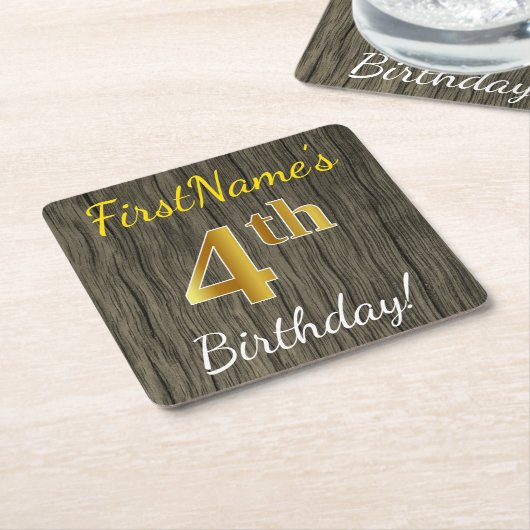 ウッドフェイク、フェイク金ゴールド4歳の誕生日+名前をカスタムする スクエアペーパーコースター (アングル)