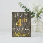 ウッドフェイク、フェイク金ゴールド4歳の誕生日+名前をカスタムする ポストカード (スタンド正面)