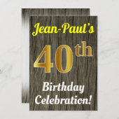 ウッドフェイク、フェイク金ゴールド40歳の誕生日お祝い 招待状 (正面/裏面)