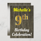 ウッドフェイク、フェイク金ゴールド9誕生祝い 招待状 (正面/裏面)