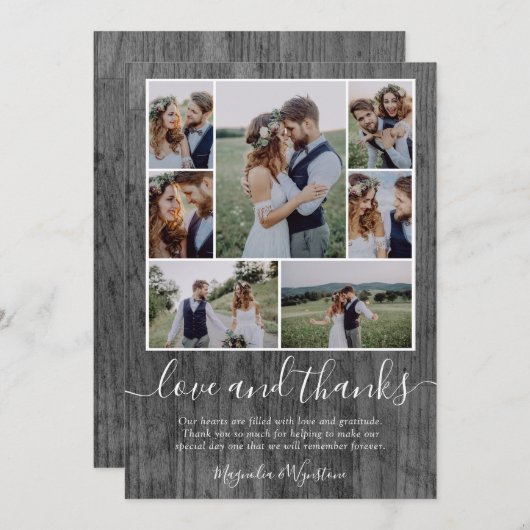 ウッドフォトコラージュの愛感謝していと結婚の サンキューカード (正面/裏面)