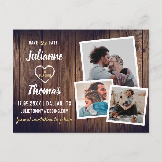 ウッドフォト素朴コラージュ予算結婚の 案内ポストカード (正面)