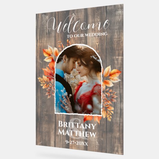 ウッドフォト素朴秋の結婚式へようこそ アクリルサイン (傾斜)