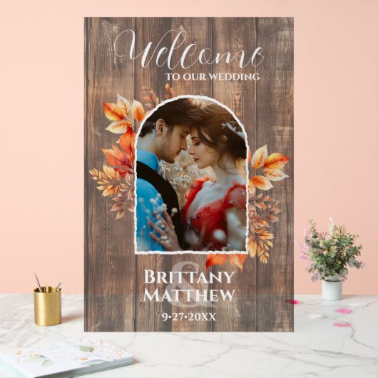 ウッドフォト素朴秋の結婚式へようこそ アクリルサイン (ウェディング)