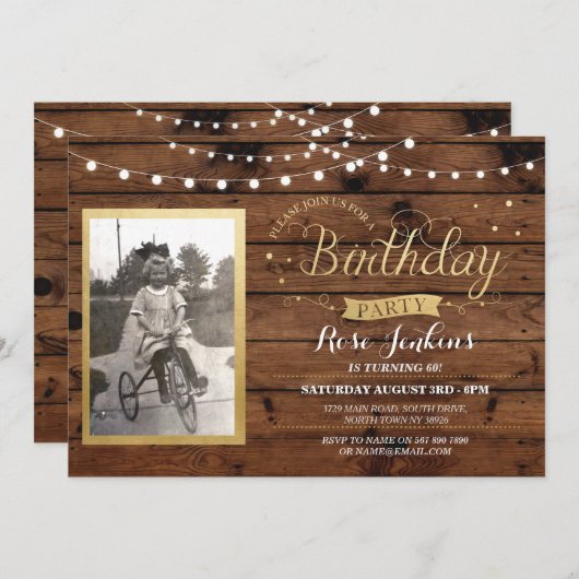ウッドフォト誕生日ライト素朴招待状 招待状 (正面/裏面)