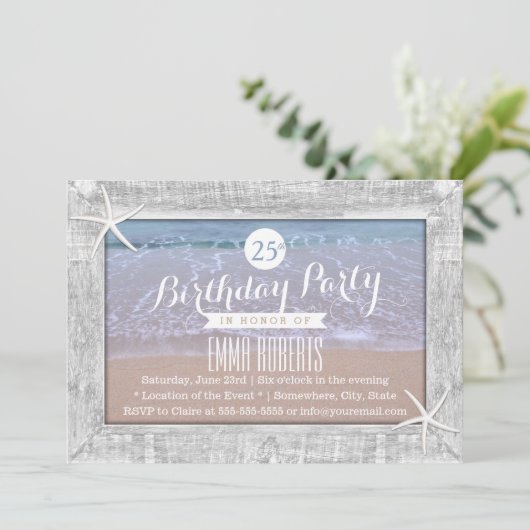 ウッドフレーム素朴ヒトデビーチ誕生日パーティー 招待状 (スタンド正面)