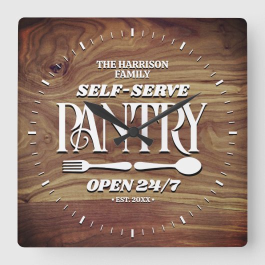 ウッドフ素朴ァミリーパーソナライズされた食器室 スクエア壁時計 (正面)