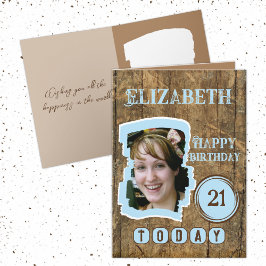 ウッドブラウン素朴ブルー21歳の誕生日 カード