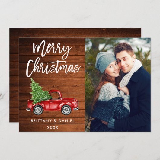 ウッドブラシスクリプトトラックカップル写真クリスマス シーズンカード (正面/裏面)