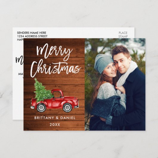 ウッドブラシスクリプトヴィンテージトラックカップルのクリスマス ポストカード (正面/裏面)