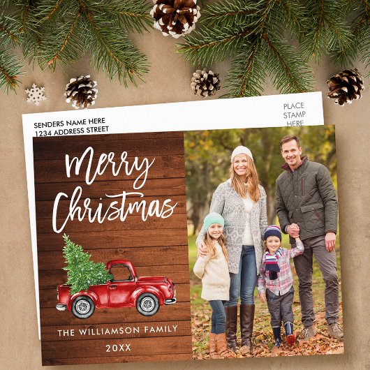 ウッドブラシスクリプトヴィンテージトラックフォトクリスマス ポストカード