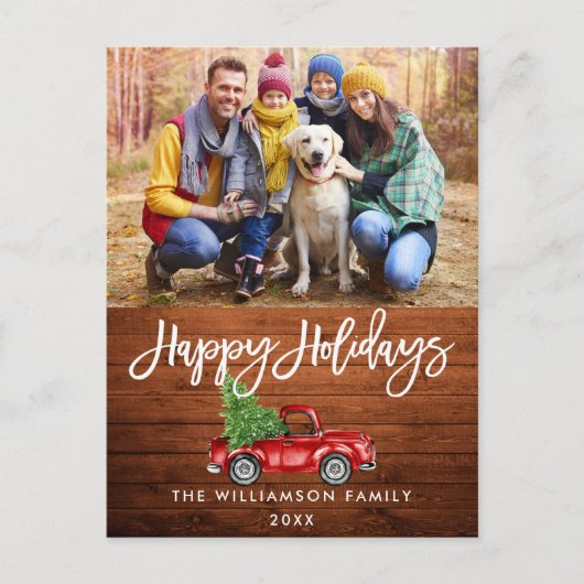 ウッドブラシスクリプトヴィンテージトラックフォトホリデー ポストカード (正面)