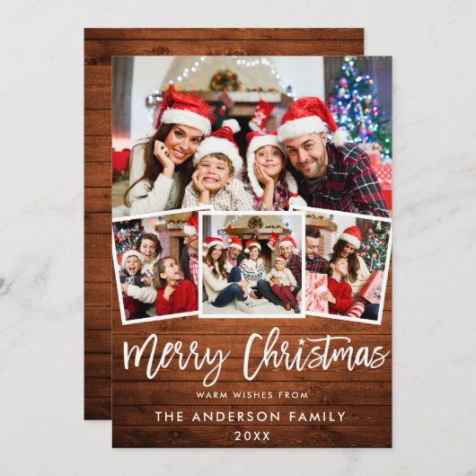 ウッドブラシ素朴スクリプトスター4フォトクリスマス シーズンカード (正面/裏面)